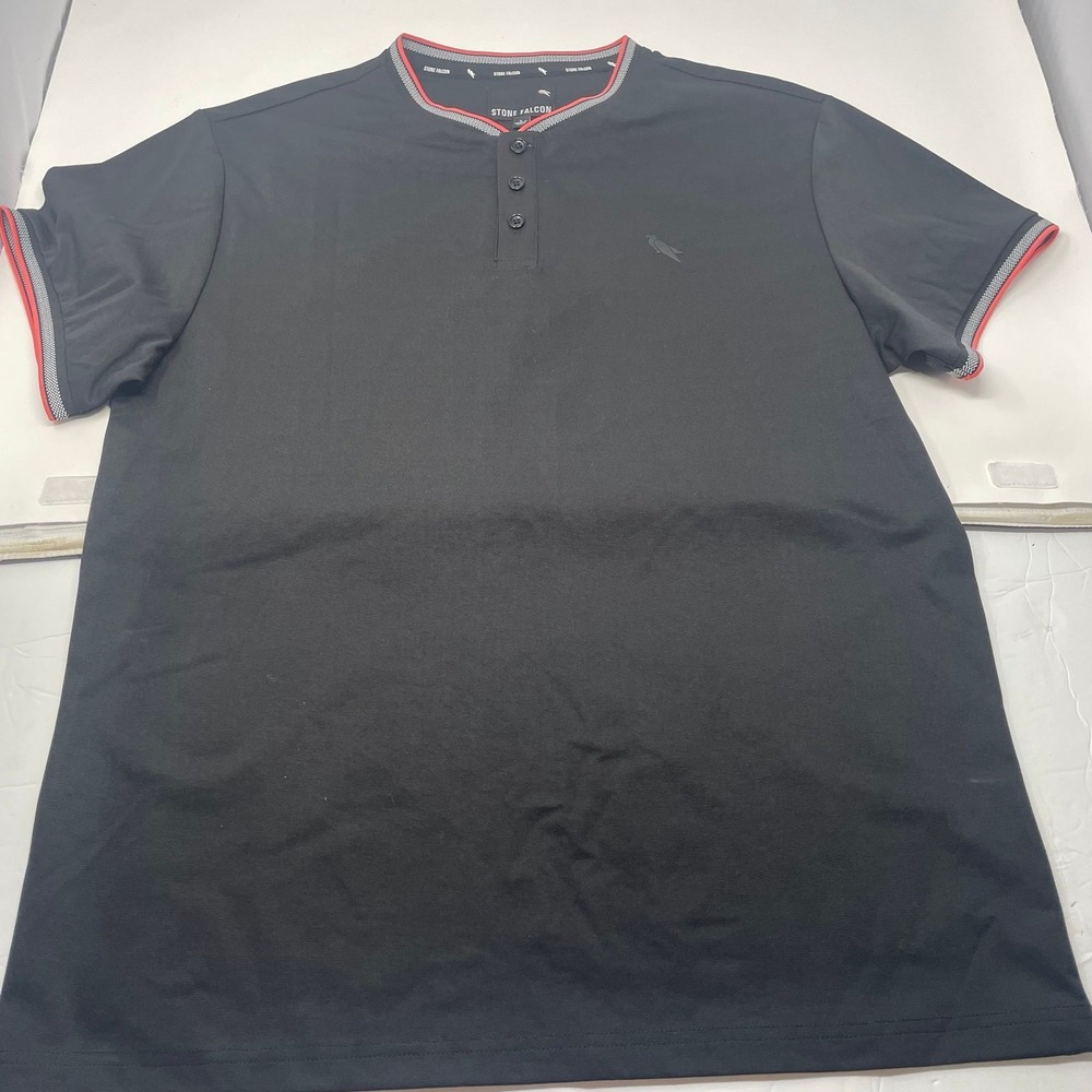 Stone Falcon Men's Henley Shirt Lg Black Short Sleeve Bird Logo Trimmed Collar